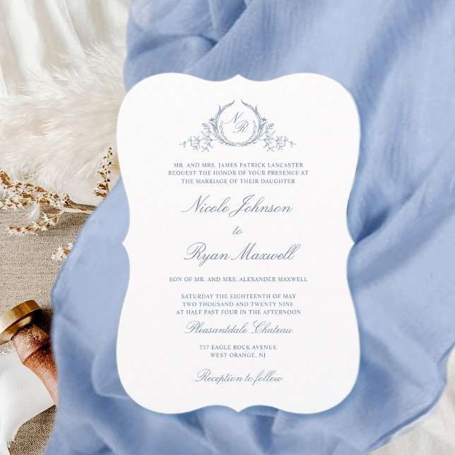 Invitación Elegante Boda azul turbio monograma clásico (Subido por el creador)