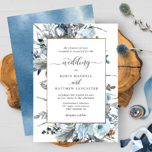 Invitación Elegante Boda azul turbio, naval y floral blanca