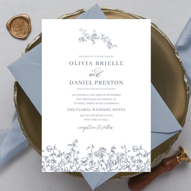 Invitación Elegante Boda azul turbio vintage floral (Subido por el creador)