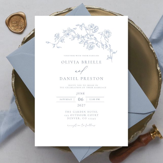Invitación Elegante Boda azul turbio vintage floral (Subido por el creador)