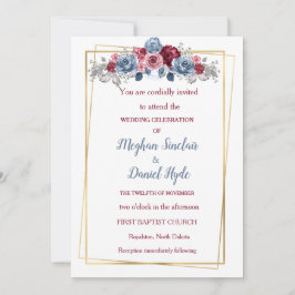 Invitación Elegante Boda azul turbio y borgoñés