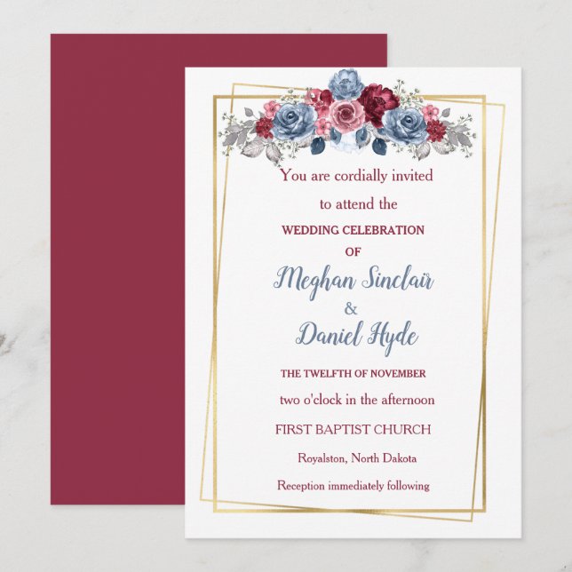 Invitación Elegante Boda azul turbio y borgoñés (Anverso / Reverso)