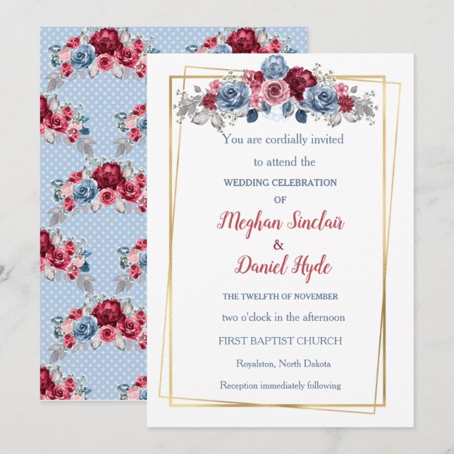 Invitación Elegante Boda azul turbio y borgoñés (Anverso / Reverso)