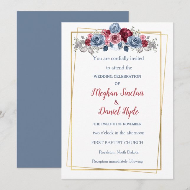 Invitación Elegante Boda azul turbio y borgoñés (Anverso / Reverso)
