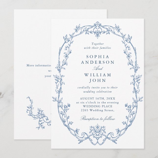 Invitación Elegante Boda azul turbio y bucólico de origen vic (Anverso / Reverso)