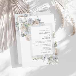 Invitación Elegante Boda azul turbio y floral rosa Rubor
