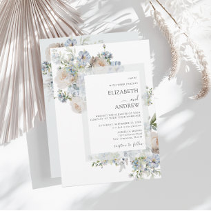 Invitación Elegante Boda azul turbio y floral rosa Rubor