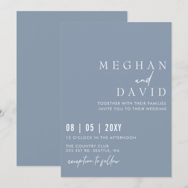 Invitación Elegante Boda azul turbio y simple escrito a mano (Anverso / Reverso)