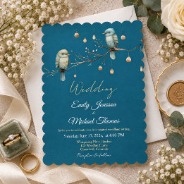 Invitación Elegante Boda Azul Turquesa Bosque Aves Dorado