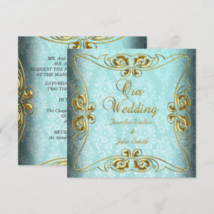 Invitación Elegante boda azul turquesa damasco dorado