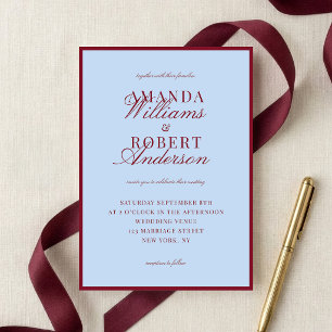 Invitación Elegante Boda Azul y Borgoña Old Money