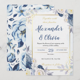 Invitación elegante boda azul y floral de otoño