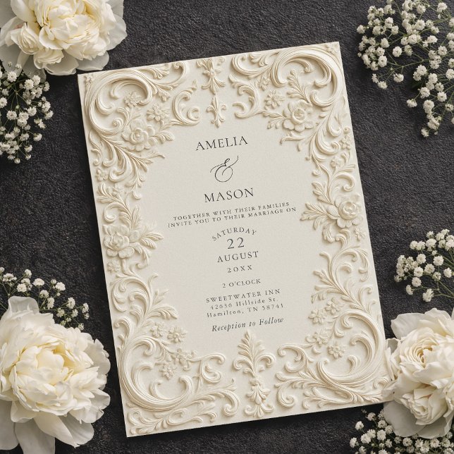 Invitación Elegante Boda Barroca de Estilo Estampado en Marfi (Elegant Ivory Embossed Style Baroque Wedding Invitation)