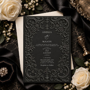 Invitación Elegante Boda Barroca de Falso Relieve Negro