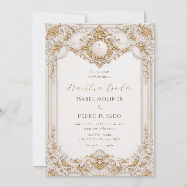 Invitación Elegante Boda Barroca de Oro y Blanco Nuestra Boda (Anverso)