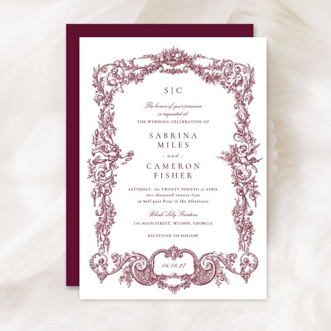 Invitación Elegante Boda barroco barroco floral borgoña (Subido por el creador)