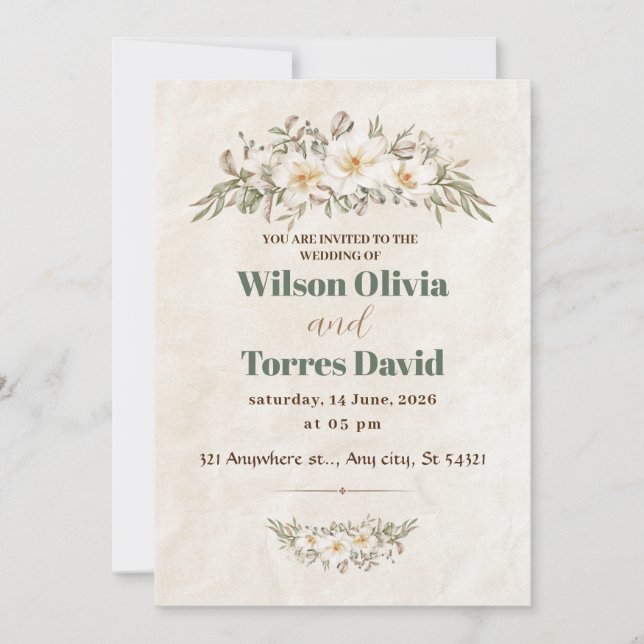 Invitación elegante boda beige con flores acuarelas (Anverso)