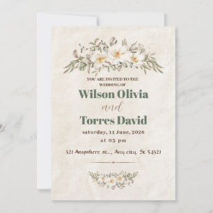 Invitación elegante boda beige con flores acuarelas