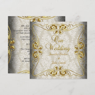 Invitación Elegante boda beige damasco dorado