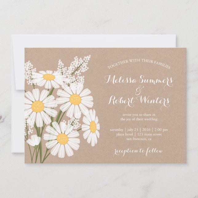 Invitación Elegante Boda beige de Daisies blancos florales (Anverso)