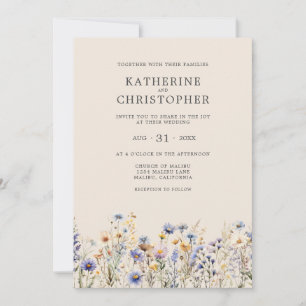 Invitación Elegante Boda beige de flor azul turquesa