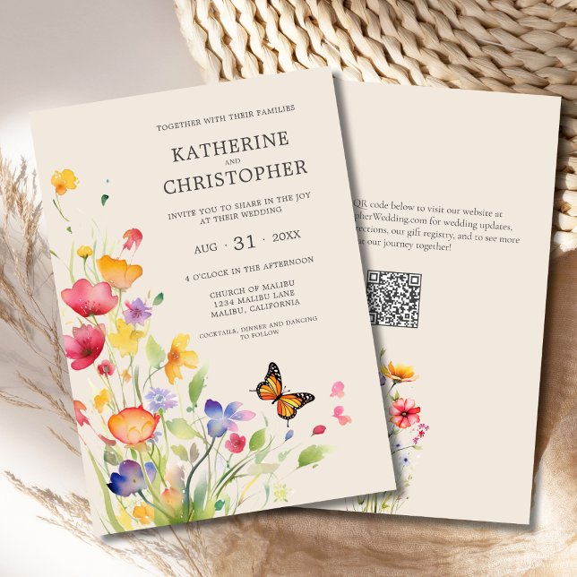 Invitación Elegante Boda beige de flores silvestres coloridas (Colorful Watercolor Wildflowers Elegant Wedding Invitation with orange, red, purple flowers, QR code)