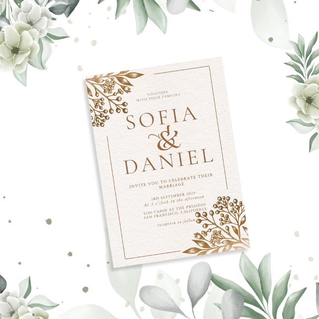 Invitación Elegante Boda beige floral dorado (Subido por el creador)