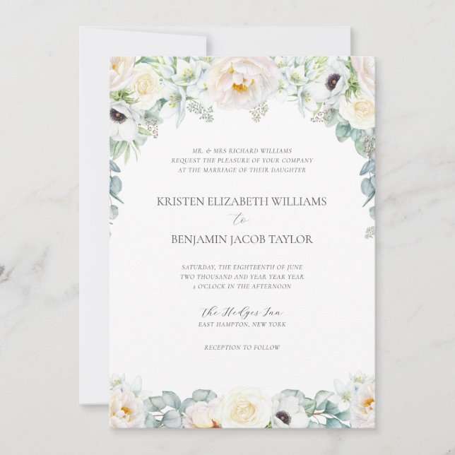 Invitación Elegante Boda Bella Artes floral blanco (Anverso)