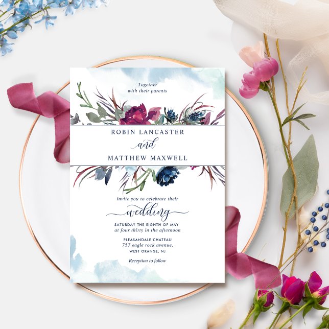 Invitación Elegante Boda Berry Blue Floral y acuarela (Subido por el creador)