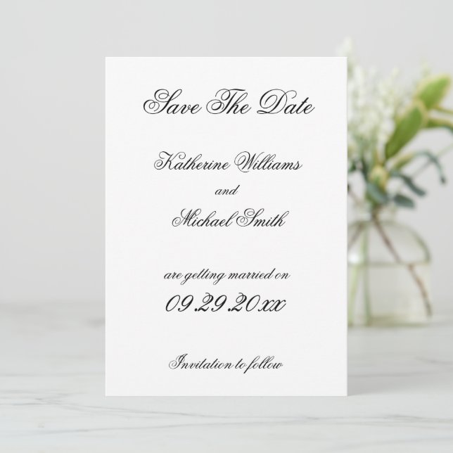 Invitación Elegante Boda Blanca Minimalista Salva La Fecha (Anverso de pie)