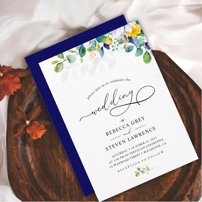 Invitación Elegante boda blanco amarillo azul floral (Subido por el creador)