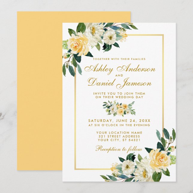 Invitación Elegante Boda blanco amarillo dorado floral (Anverso / Reverso)