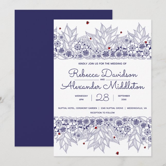 Invitación Elegante Boda blanco azul (Anverso / Reverso)