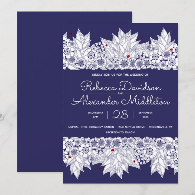 Invitación Elegante Boda blanco azul (Anverso / Reverso)