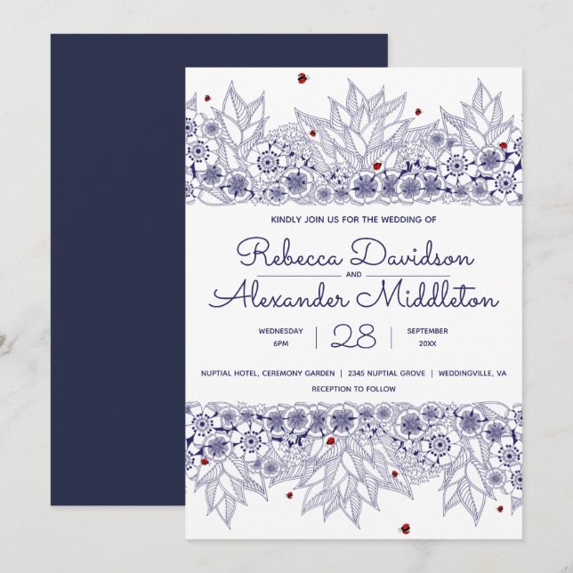 Invitación Elegante Boda blanco azul (Anverso / Reverso)