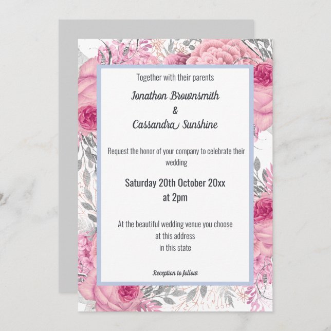 INVITACIÓN ELEGANTE BODA BLANCO AZUL ROJO DE FLORAL (Anverso / Reverso)