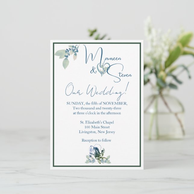Invitación Elegante Boda blanco, azul y orquídea verde (Anverso de pie)