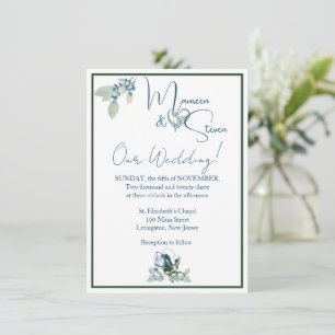 Invitación Elegante Boda blanco, azul y orquídea verde