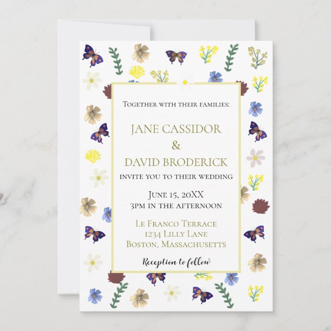 Invitación Elegante Boda Blanco Boho de Flor Silvestre (Anverso)