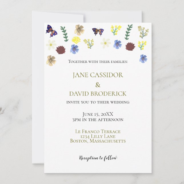 Invitación Elegante Boda Blanco Boho de Flor Silvestre (Anverso)