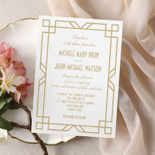 Invitación Elegante Boda blanco clásico de marco Art Deco dor