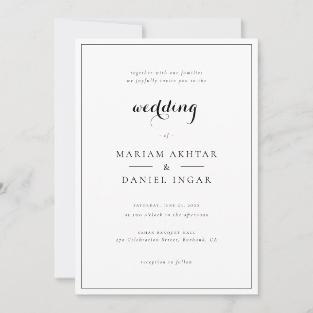Invitación Elegante Boda blanco de caligrafía simple de guión (Anverso)