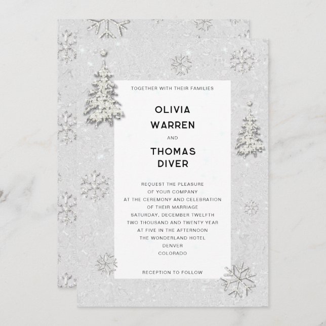 Invitación Elegante Boda blanco de copas de nieve de invierno (Anverso / Reverso)