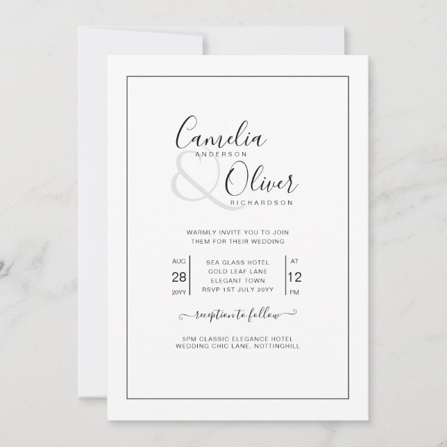 Invitación Elegante Boda blanco de fuente negra clásica todo  (Anverso)