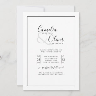 Invitación Elegante Boda blanco de fuente negra clásica todo