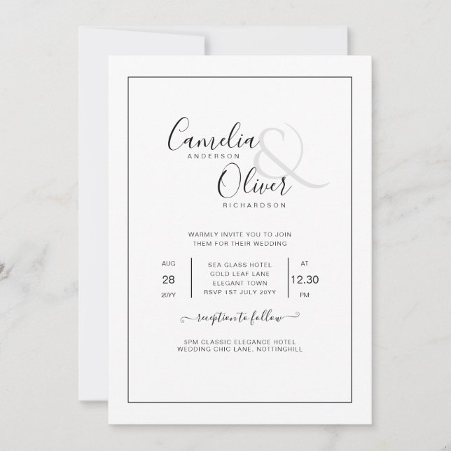 Invitación Elegante Boda blanco de fuente negra clásica todo  (Anverso)