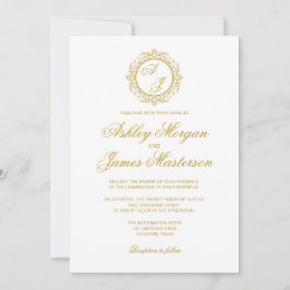 Invitación Elegante Boda blanco del Monograma Dorado Oscuro d