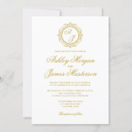 Invitación Elegante Boda blanco del Monograma Dorado Oscuro d
