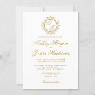 Invitación Elegante Boda blanco del Monograma Dorado Oscuro d