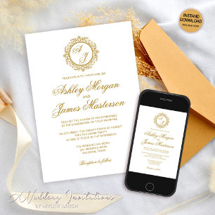 Invitación Elegante Boda blanco del Monograma Dorado Oscuro d